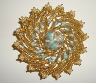 Vintage Sarah Coventry Brooch Pin Earrings Set with Faux Turquoise Faux Pearl 2