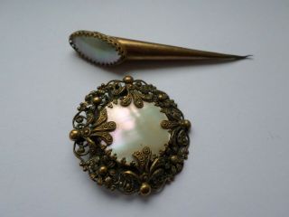 Vintage Circa Early 20th Century Gold Tone Mother Of Pearl Brooch & Pin
