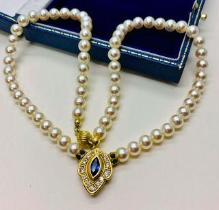 Vintage Jewellery Rolled Gold Sapphire/clear Crystal Pearl Necklace