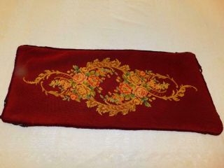 Vintage Completed Needlepoint Piano Bench Cover Burgundy Roses Scroll Velvet
