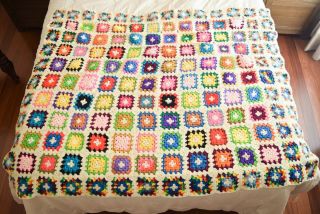 Vintage Granny Square Crochet Throw Blanket Boho Hippie Colorful Retro