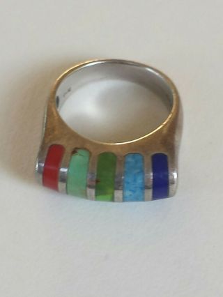 Vintage Sterling Silver Ring Multi Color Stones Inlay Lapis Turquoise Size 7