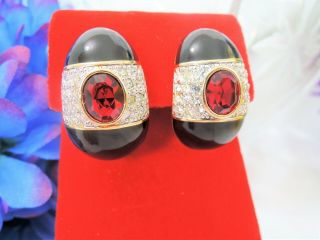 Brilliant Black Enamel & Scarlet Red Glass Rhinestone Vintage Clip Earrings Wow
