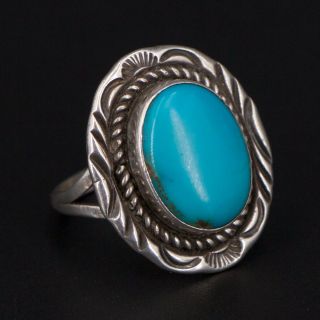 Vtg Sterling Silver Navajo Braided Stamped Turquoise Stone Ring Size 8.  5 - 7g