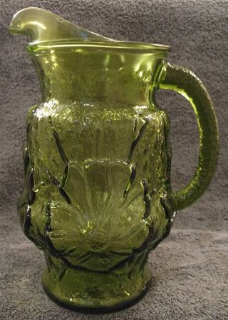 Vintage Avocado Green Large Heavy Glass 2 Qt Table Beverage Pitcher Flowers