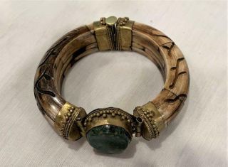 Vintage Chunky Tribal Bracelet Faux Bone Malachite Pin Hinged Cuff