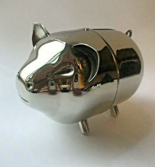 Vintage Metal Chrome Pig Piggy Bank Made In Hong Kong W Screw Opening On Bottom