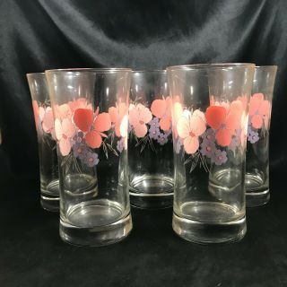 Set Of 5 Vintage Weighted Drinking Glasses Hourglass Pastel Flowers