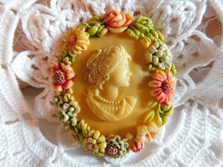 Vintage Celluloid Cameo Brooch Pin W/ Carved Flowers 2 1/4 "