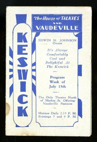 Vintage Keswick Theatre Program House Of Talkies & Vaudeville Glenside Pa 1929
