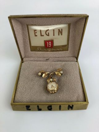 Vintage Elgin Watch Pin Floral Design Gold Filled With Pearls