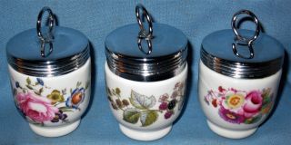 Vintage Set Of 3 Royal Worcester Porcelain Egg Coddlers W/metal Tops W/rings