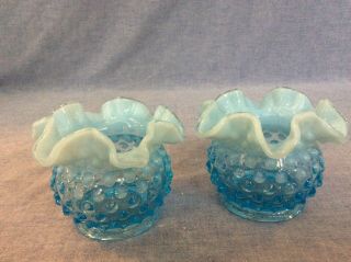 Vintage Fenton Hobnail Opalescent Blue 5 1/2 " Squat Ruffled Vase Pair