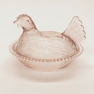 Vintage Indiana Pale Pink Glass Chicken Hen On Nest Covered Candy Dish 7 "