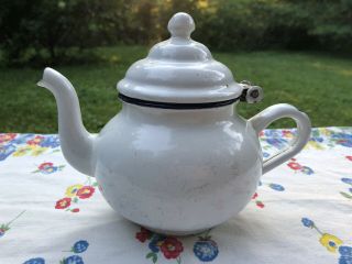 Vintage White Enamel Ware Small Teapot Blue Trim
