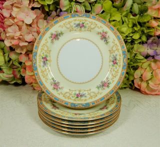 6 Vintage Noritake Porcelain Salad Plates Turquoise Flowers Scrolls Gold