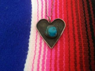 Vintage Signed Native American Turquoise Sterling Silver Heart Pendant Necklace