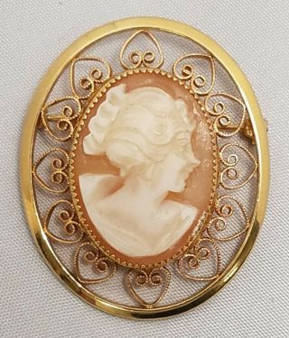 Vintage Carved Shell Cameo Marked 1/20 12k Gf Brooch Pin/ Pendant