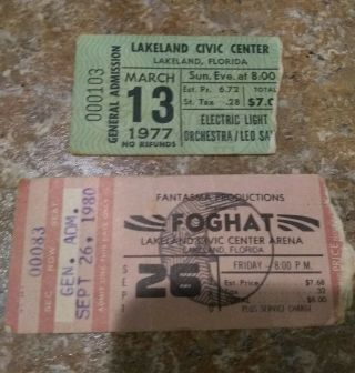 Vintage Orig 1977/1980 Concert Ticket Stubs 2 Total 1 Foghat 1 Elo Fl.  Concerts