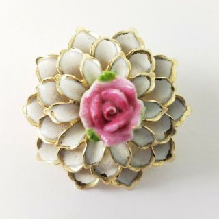 Vintage Coro Flower Brooch Pink Rose White Enamel Petals Gold Tone Metal Signed