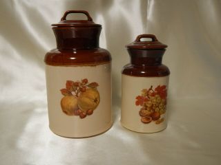 Vintage Mccoy Harvest Design Canisters Set Of 2 With Lid Brown And Cream Color