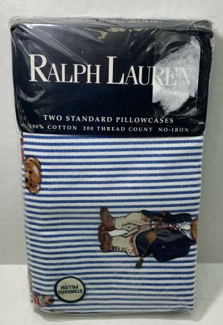 Vintage Ralph Lauren Blue Striped Polo Teddy Bear Pair Pillowcases Standard Size