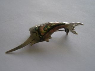 Vintage Mexican Sterling Silver And Abalone Swordfish Pin Eagle 76
