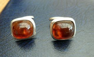 Vintage Jewellery Signed Silver 835 Amber Cabochon Mens Cufflinks