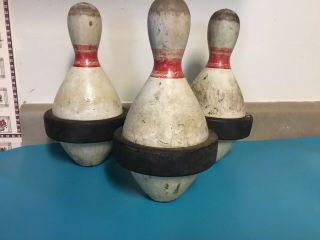 3) Vintage Wooden Duckpin Bowling Pins W Rubber Band & Peg Hole 9 3/4” Tall