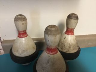 3) Vintage Wooden Duckpin Bowling Pins w Rubber Band & Peg Hole 9 3/4” Tall 2