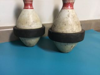 3) Vintage Wooden Duckpin Bowling Pins w Rubber Band & Peg Hole 9 3/4” Tall 3