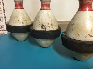3) Vintage Wooden Duckpin Bowling Pins w Rubber Band & Peg Hole 9 3/4” Tall 4