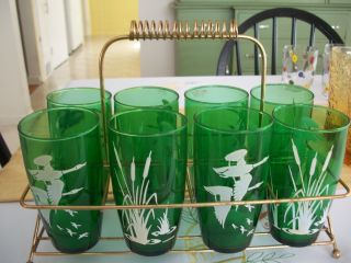 Set Of 8 Vintage Anchor Hocking Forest Green Geese And Cattail Glasses W Rack