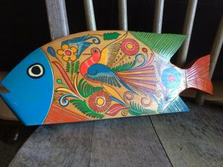 Vintage Mexican Folk Art Hand Painted Fish Sculpture Wall Art Bohemian