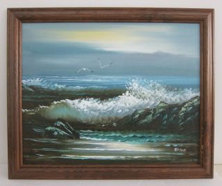 Ocean Waves Crashing W/ Seagulls Signed Orig Vintage Oil Painting Framed 19x23