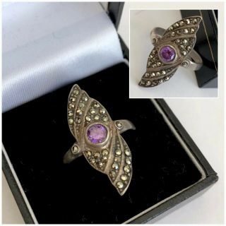 Vintage Art Deco Jewellery 925 Silver Marcasite & Amethyst Statement Ring Size T