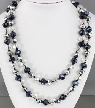 Vintage 70’s Silver Tone Black Aurora Borealis Crystal Glass Bead Long Necklace
