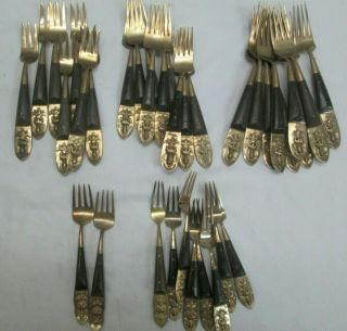 Vintage Siam Brass Buddha Silverware Set 36 Mixed Forks Flatware