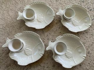 Glass Fish Snack Plates Trays With Cups Set Of 4 Vintage