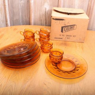 Vintage Colony 12 Piece Amber Glass Snack Set Plates And Cups