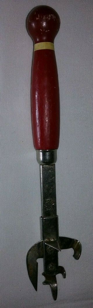 Vintage Echo A & J Red Wood Handle Can Opener Retro Kitchen Farmhouse 1920 
