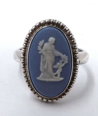 Vintage 925 Sterling Silver Wedgwood Jasperware Blue & White Jasper Ring Sz6 M39