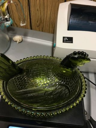 Vintage Indiana Green Glass Hen On A Nest Candy Butter Serving Dish Chicken Lid