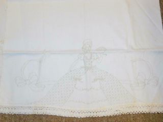 Pair Vintage Crinoline Gal Stamped For Embroidery Pillowcase Set Lace Edge