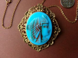 Vintage Egyptian Revival Czech Glass Pharaoh Brooch Pendant Necklace