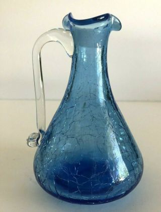 Vintage Blue Crackle Glass Miniature Pitcher With Clear Handle 4.  5 " Tall