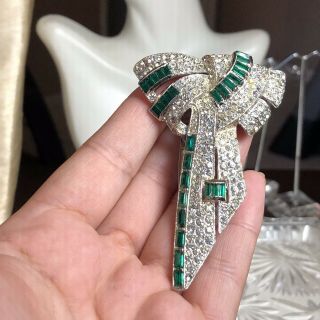 Vtg Baguette Emerald Green Rhinestone Fur Dress Clip Pin Art Deco Flapper