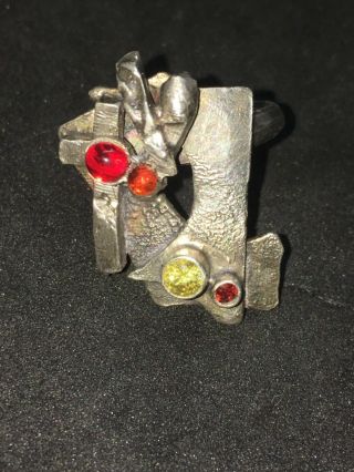 Vintage Sterling Silver Brutalist Ring With Gems Size 7.  5