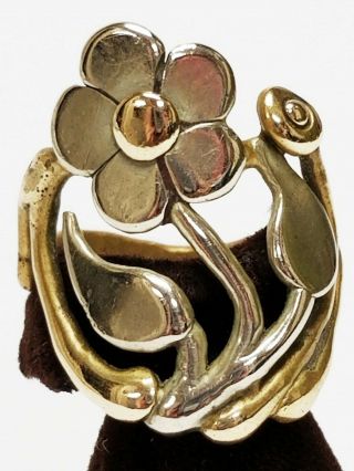 Vintage Handcrafted Artisan Studio Daisy Flower Modernist Ring Mixed Metals