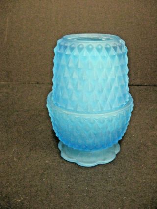Vintage Indiana Blue Satin Glass Fairy Lamp - Diamond Point Votive Tea Light